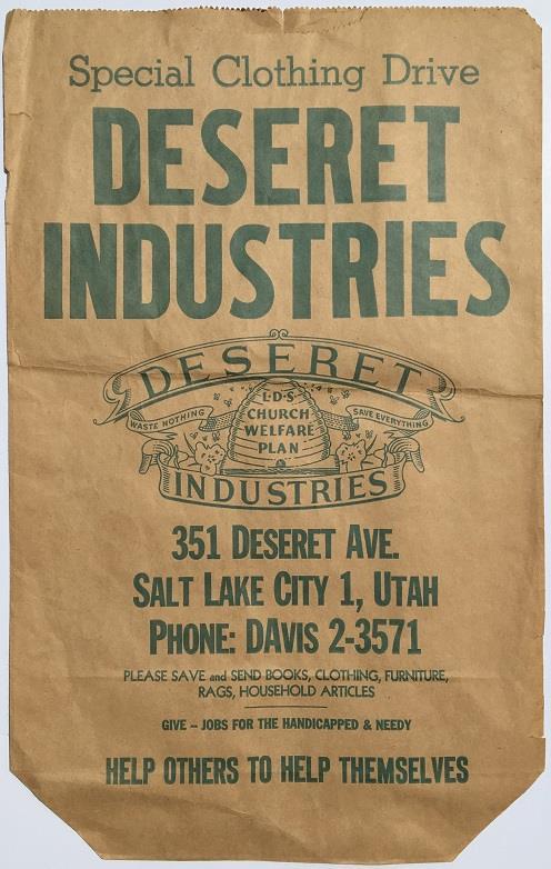 Early D.I. Ephemera 3- [Deseret Industries]. 'Special Clothing Drive Deseret Industries' [Donation Bag]. [Salt Lake City] (c.1950). Large brown paper bag [68 cm x 43 cm] printed in green ink.
