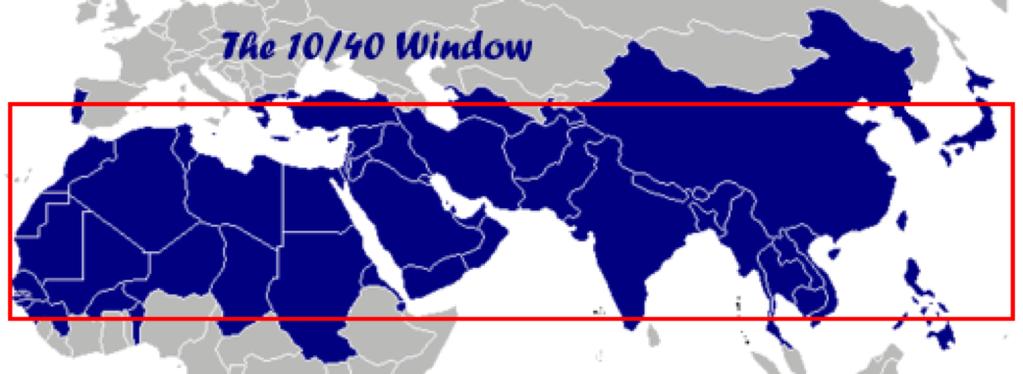 What is the 10/40 window? The 10/40 Window is the rectangular area of North Africa, the Middle East and Asia approximately between 10 degrees north and 40 degrees north latitude.