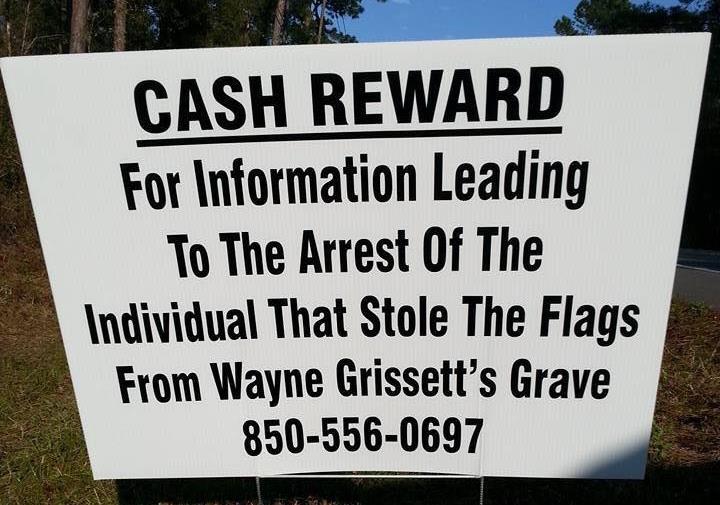 Items stolen from Compatriot Wayne Grissett s Grave About a week ago, some person(s) removed the US Flag, The Confederate Battle Flag, and a set of wind chimes from the gravesite of our friend and
