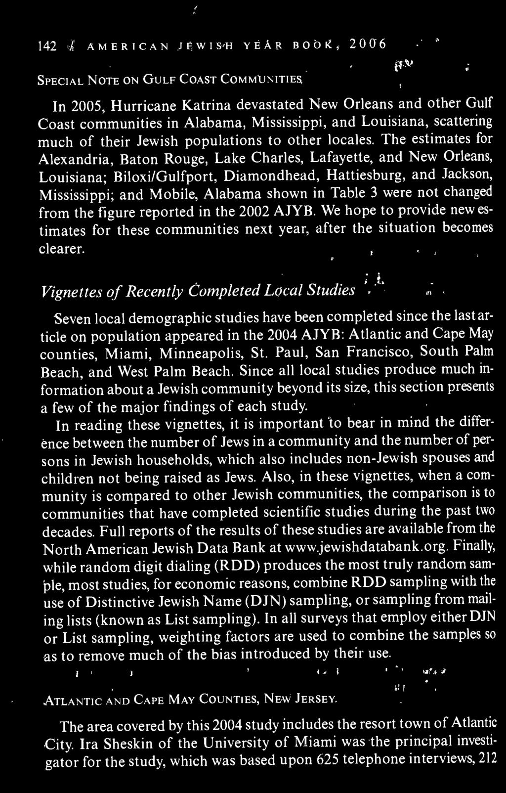 Vignettes of Recently Completed Local Studies Seven local demographic studies have been completed since the last article on population appeared in the 2004 AJYB: Atlantic and Cape May counties,