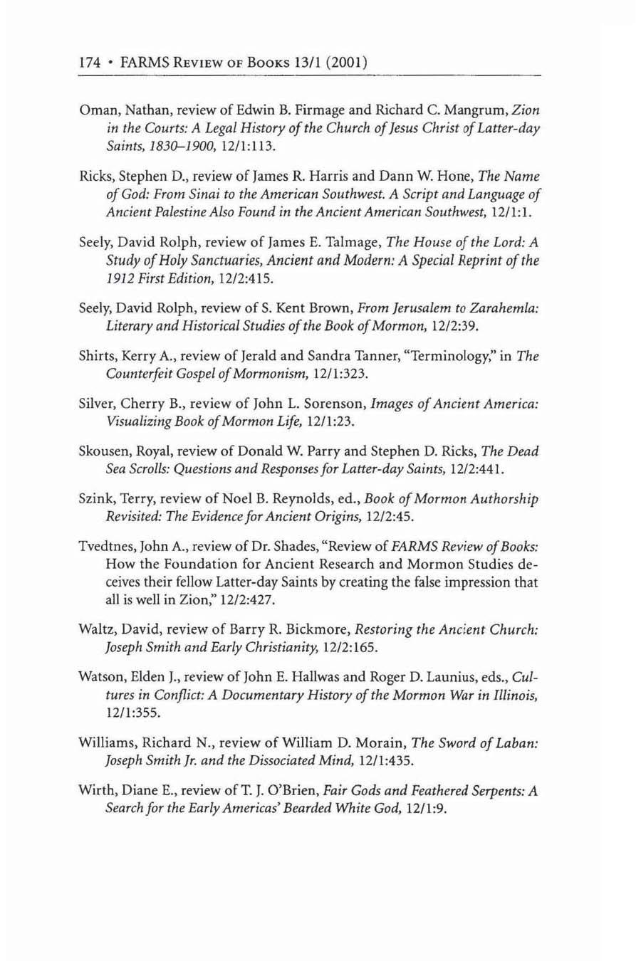174 FARMS REVIEW OF BOOKS 13/1 (2001) Oman, Nathan, review of Edwin B. Firmage and Richard C.