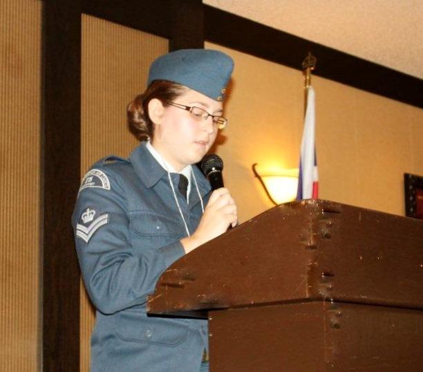 At our November meeting, Catharine Lockhart UE, an Air Cadet Flight Corporal with the 23 rd Squadron, and granddaughter of President Shirley Lockhart and her husband Jim, addressed the members