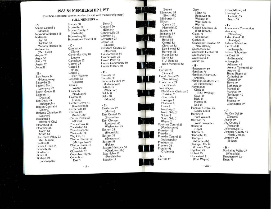 1983-84 MEMBERSHIP LIST (Butler) Gary: Howe Military 44 Edgewood 53 Mann 45 Huntington: (Numbers represent county number for use with membership map.