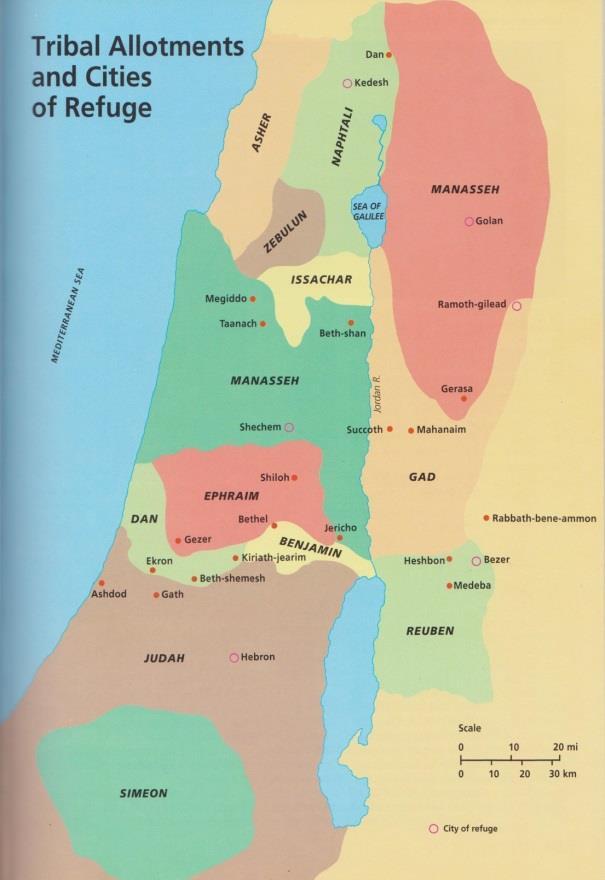 1. The land allotments were given out by Eleazar the priest and Joshua. Which tribe was assigned to what area was done by lot as God had commanded through Moses (Num. 26:55-56, 33:54).