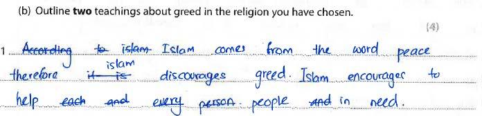 Student Response C 4/4 Two marks for example 1 - Islam discourages greed