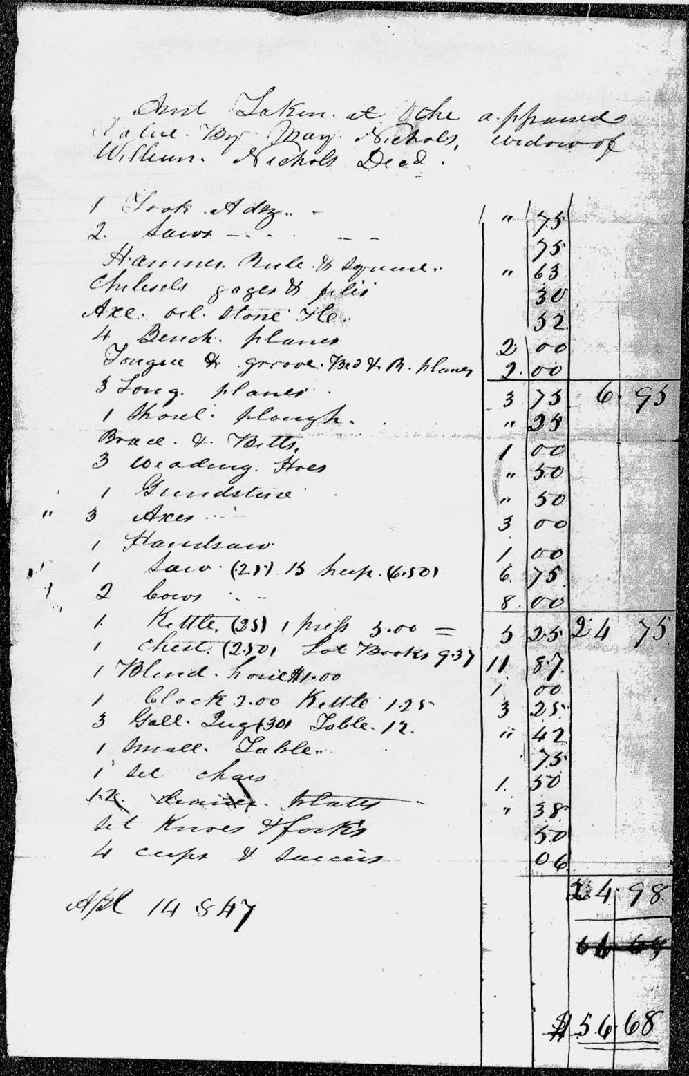 5. After her husband s death, Mary Nichols retained the above listed inventory from his estate, and the remainder of his personal property was sold at public