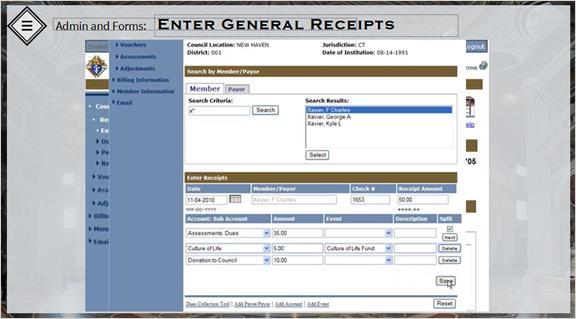 33. Chapter 3: Enter General Receipts To enter general receipts in Member Billing, first click on the Receipts menu option in the Council Ledger screen s left-hand menu.