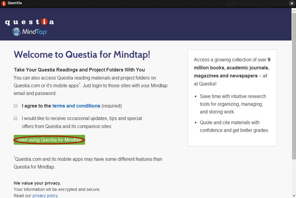 2 (cont.) Click Start using Questia for MindTap.