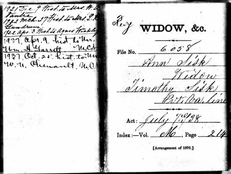 15 Letters in Pension file asking for history of Timothy Sisk are: 24 Nov 1921, Mrs. W. A. Vantri, Marshall, MS; 22 Feb 1922, Mrs. L. K. Gundrum, Fontanelle, Iowa [States she is a descendant.