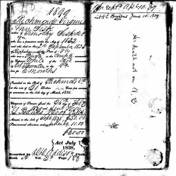 Widows Pension Application #1899, File W.6058 ; Ann [Jenkins] Sisk w/o Timothy Sisk decd who died 2 Sep 1835. Ann Sisk at the time of this application was living in Rappahannock Co., VA.