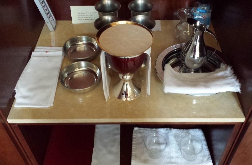 Credence Table on Font-Side: We will always use 5 chalices (Father Frazier s chalice is shown below; Father Leo and visiting priests use the large silver chalice).