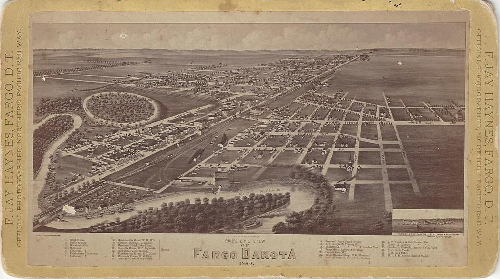 Bird s Eye of Fargo 6- Haynes, Frank Jay. Bird's Eye View of Fargo Dakota 1880. Fargo, D.T.: F. Jay Haynes, (c.1880). Small panorama albumen photograph [15.