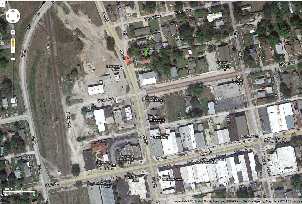 Figure 1: Google.com aerial map of Osawatomie arrow shows location of church.