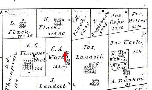 As can be seen on the 1876 Historic Atlas C. (G.) A. Ware owns the tract the cemetery in located on. To the east ½ mile we see K. Weber on 35 acres and ½ mile to the southeast is J. F. Foster.