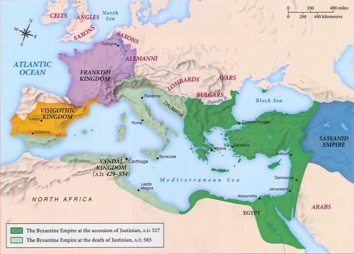 The Byzantine Empire at the height of its expansion under the rule of the Emperor Justinian (ruled 527-565).