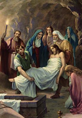 Fourteenth Station - Jesus Is Laid in the Tomb The body of Jesus is laid in a stranger s tomb. He Who in this world had not whereon to rest His head, would have no grave of His own after death.