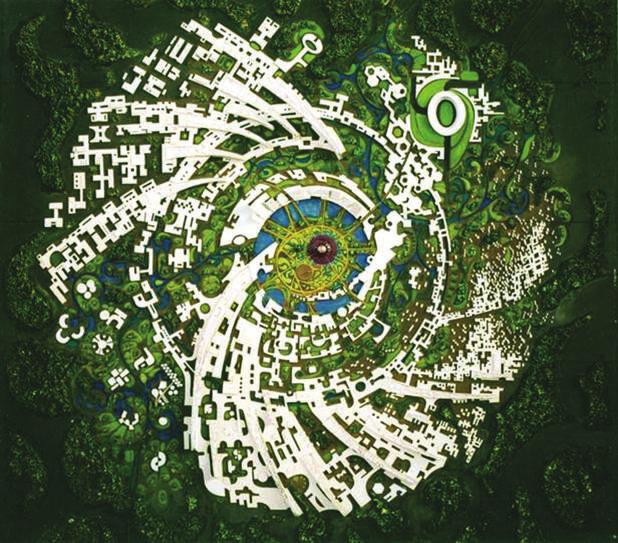 Aerial view of the design for Auroville township Universal town Auroville wants to be a universal town where men and women of all countries are able to live in peace and