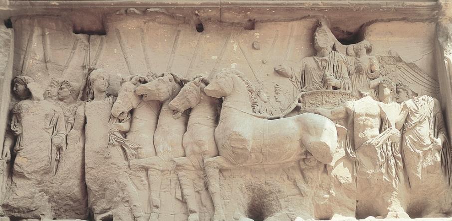 Early Roman Empire Triumph of Titus, relief panel from Arch of Titus, Rome, after 81 CE This scene depicts the actual triumphal procession with the toga-clad Titus in the chariot, but with the