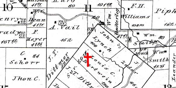The 1876 Historic Atlas shows the farm in the possession of the Louis