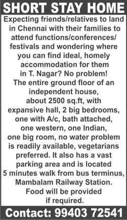 December 31, 2011 - January 6, 2012 MAMBALAM TIMES Page 7 SPECIAL CLASSIFIED ADVERTISEMENTS Classified Advertisements under the heads Accommodation Required, Old Age Home, Marriage Hall, Mini Hall,
