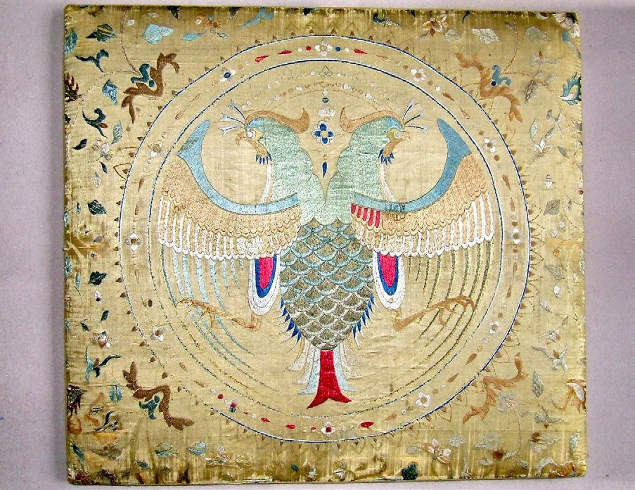 Echoes of Power 1. Portuguese silk-on-silk embroidery with double-headed eagle in roundel, second half 17th c.