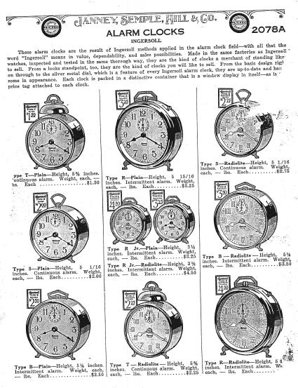 The first four advertisements were introducing the new line of Ingersoll alarm clocks. The Janney, Semple, Hill & Co. was a wholesaler and the last ad for Westclox.