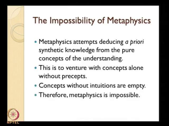 (Refer Slide Time: 11:02) Metaphysics is impossible as a science; because in science what happens is that is science we try to gain knowledge about or reality which is in front of us, which is given