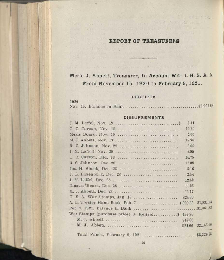 REPORT OF TREASURERS Merle J. Abbett, Treasurer, In Account With I. H. S. A. A. From November 15, 1920 to February 9, 1921. RECEIPTS 1920 Nov. 15, Balance in Bank ^ $2,992.66 DISBURSEMENTS J. M. Leffel, Nov.