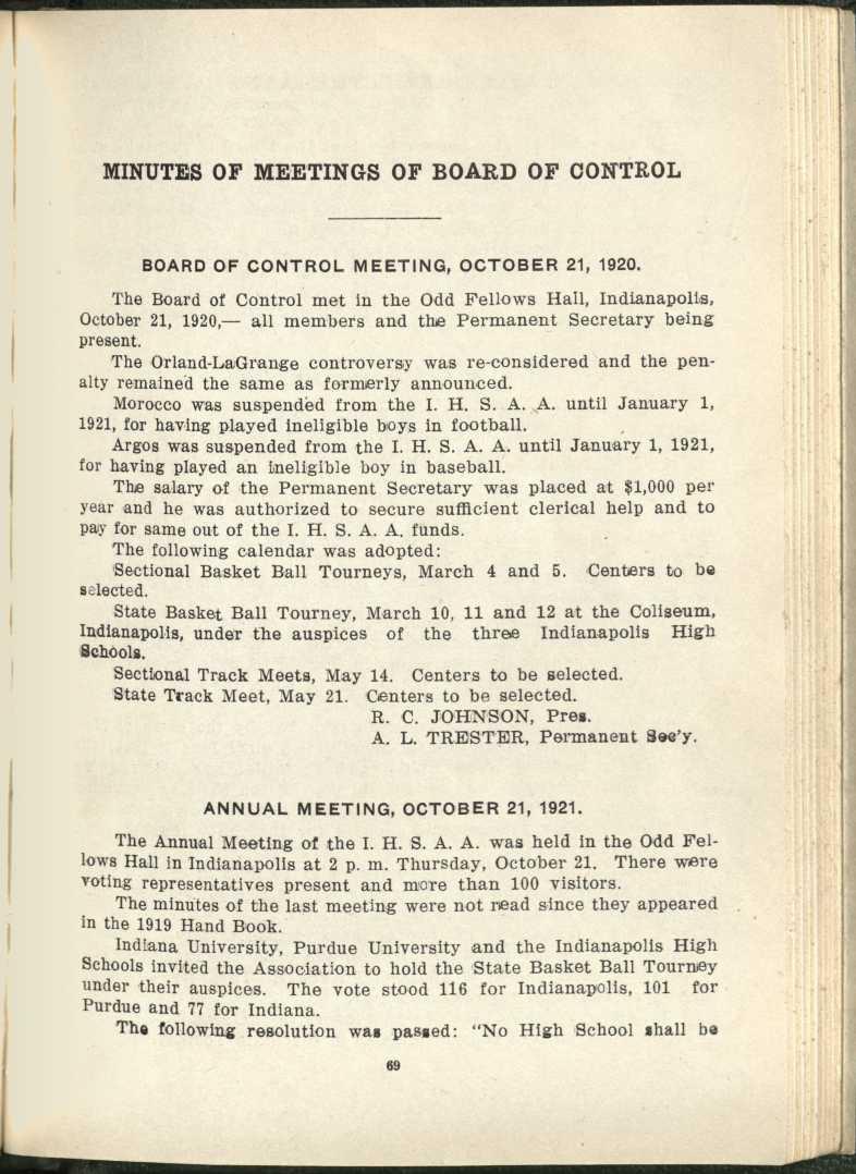 MINUTES OF MEETINGS OF BOARD OF CONTROL BOARD OF CONTROL MEETING, OCTOBER 21, 1920.