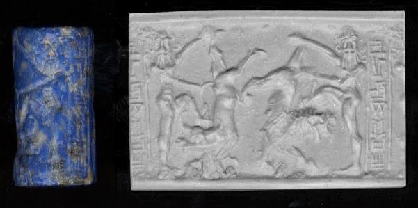 Tablet VI-XI: Death of Enkidu, wanderings of Gilgamesh and Return Cylinder seal and its impression depicting a bearded hero,