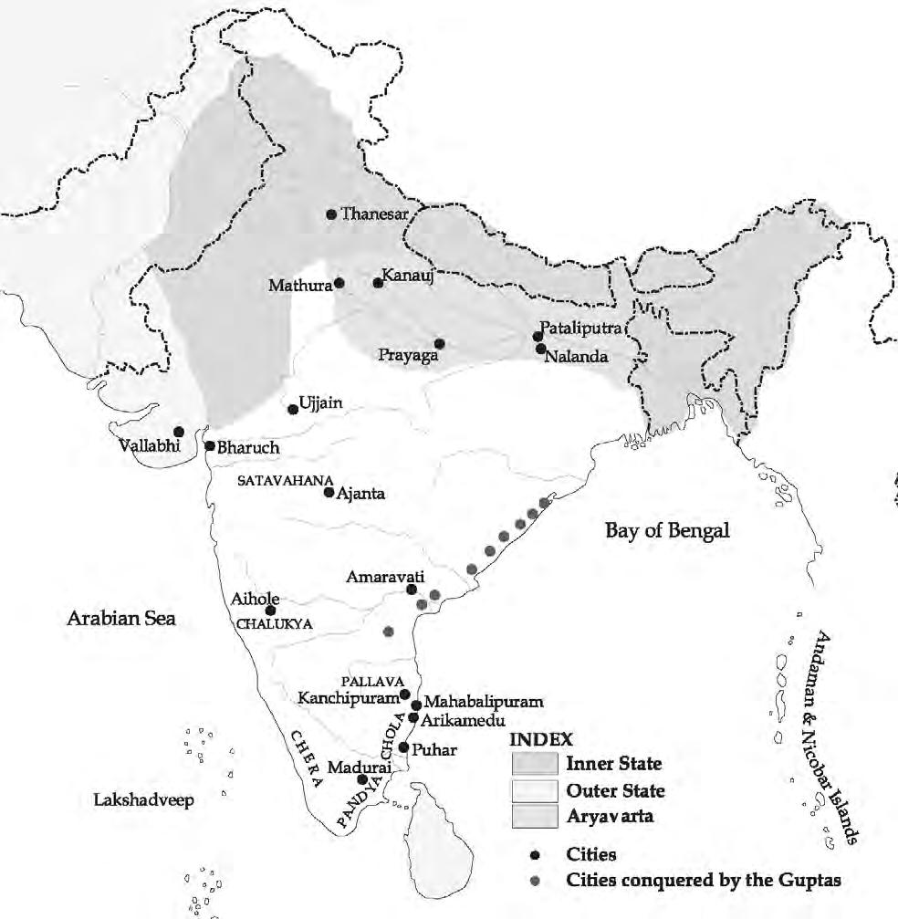 Find Prayaga (the old name for Allahabad), Ujjain and Pataliputra (Patna) on the map. These were important centres of the Gupta rulers.