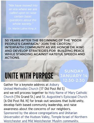 MARTIN LUTHER KING DAY Asbury is hosting the first segment of the interfaith Croton Houses of Worship, Martin Luther King Jr. Day event.
