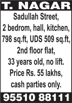 80 lakhs (negotiable), genuine buyers. Agent. 90427 72352, 81489 59362. RANGARAJAPURAM Main Road, single bedroom flat, around 600 sq.