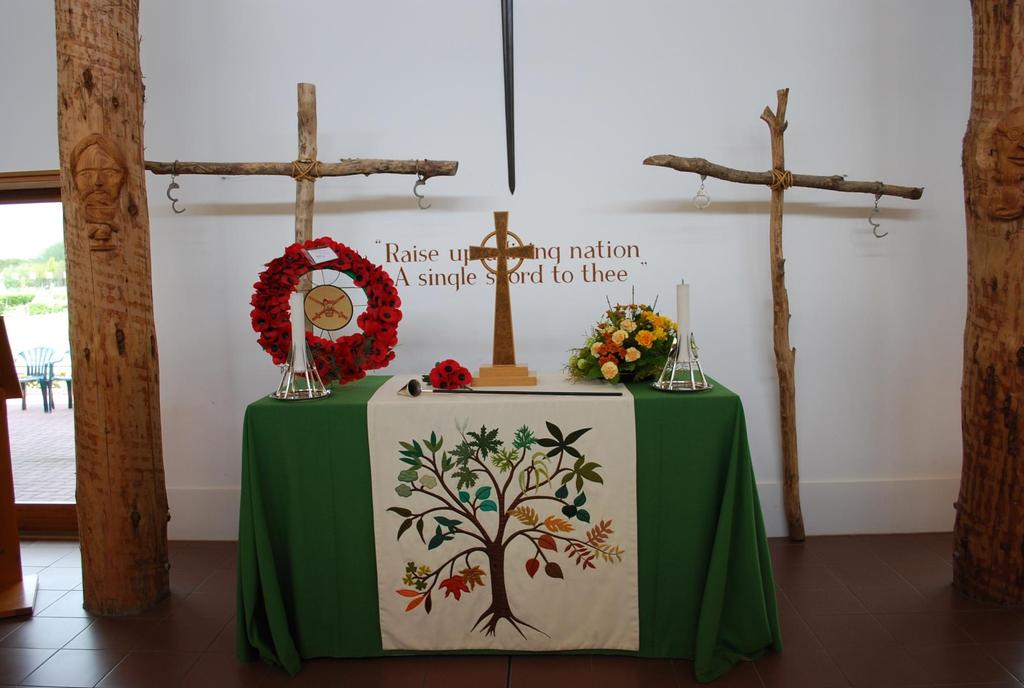 The altar cloth was commissioned by The Royal British Legion Women's Section, design is based on the theme taken from the book of Revelations: "The leaves of the tree are for the healing of the