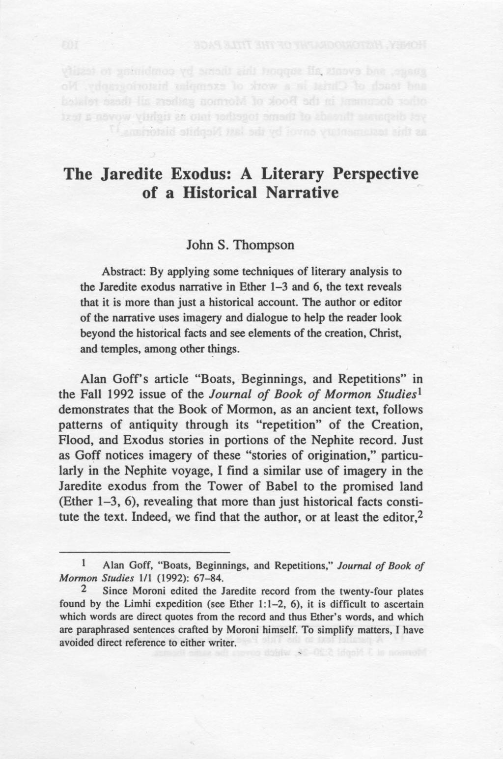 The Jaredite Exodus: A Literary Perspective of a Historical Narrative John S.