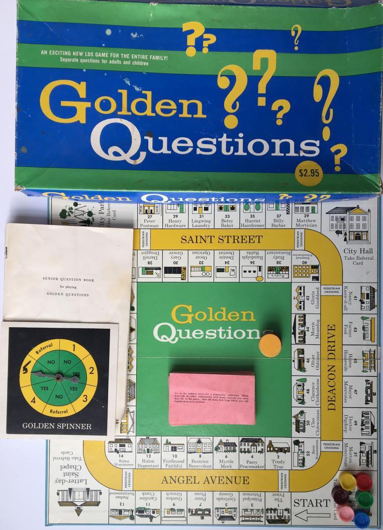 "Would you like to know more about the Mormon Church?" 11- Schoenfeld, J. Stanley and Elizabeth. Golden Questions. Salt Lake City: Bookcraft, 1963. Blue box [41 cm x 20.