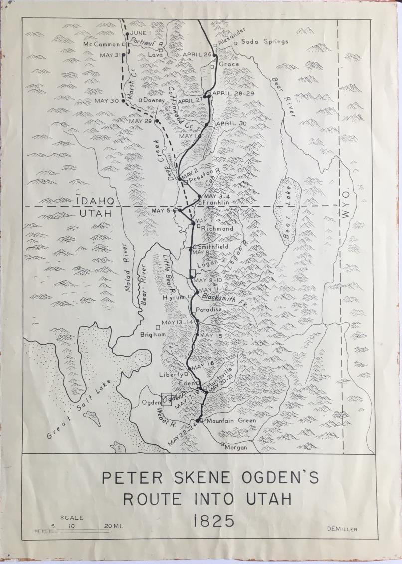 David E. Miller Trail Map 3- Miller, David E. Peter Skene Ogden's Route in Utah 1825. [Salt Lake City]: 1959. Map [49 cm x 35 cm] ink on paper. Very good. Glue residue stain at the extremities. 'D.E. Miller' in lower right corner of legend.