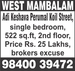REAL ESTATE (SELLING) C.I.T. NAGAR, 1 st Main Road, 3 bedroom apartment, 1300 sq.ft, 2 nd floor, lift, open car park, 15 years old, brokers excuse. Ph: 98402 92848, 98410 60372, 98404 16488.