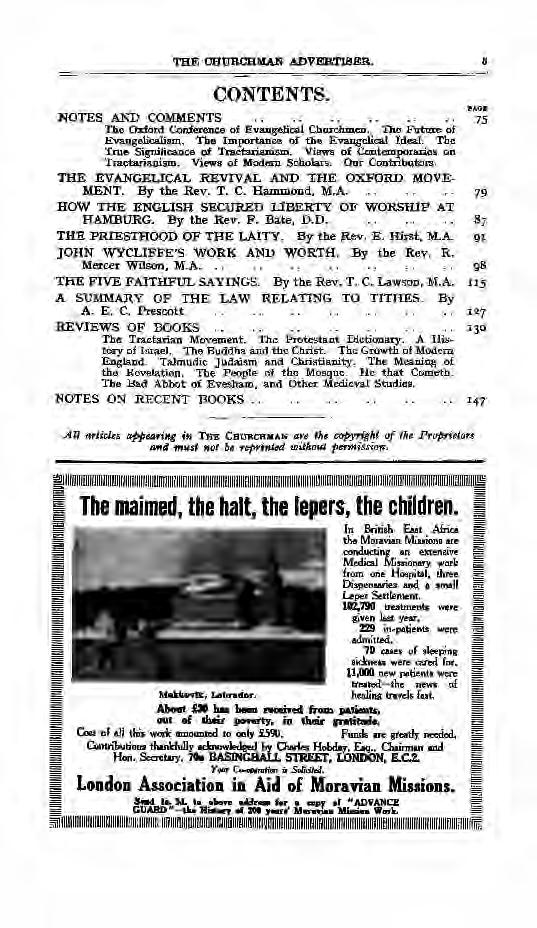TBF. CBU1CJM.U ADVERT8ER. CONTENTS. NOTES AND COMMENTS.... The Oxford Conference of Evangelical Chorcluneo. l"ho J:o'utme of 75 hvangelicalism. The mportance of the Evangelical deal.