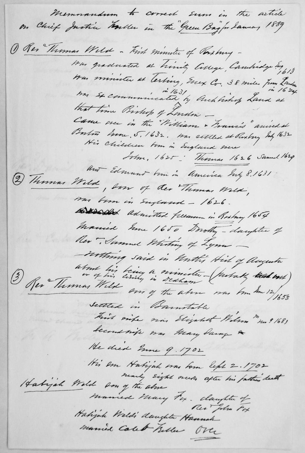 Chief Justice Fuller Memorandum to correct errors in the article on Chief Justice Fuller in the Green Bag for January 1889, Box