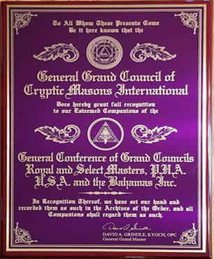 PROCLAMATION RECOGNITION OF THE GENERAL CONFERENCE OF GRAND COUNCILS ROYAL & SELECT MASTERS PHA U.S.A. AND BAHAMAS INC.