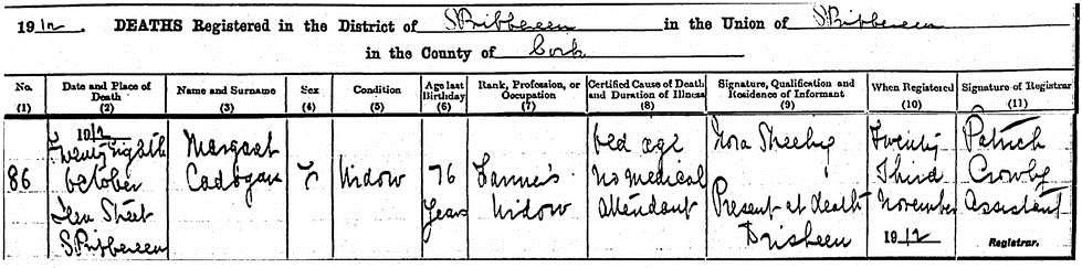 Margaret Driscoll Cadogan (1833 1912) Margaret Driscoll, baptized 13 Feb 1833. Margaret Driscoll married Timothy Cadogan in 1858. Dan Driscoll and Margaret Looney were witnesses.