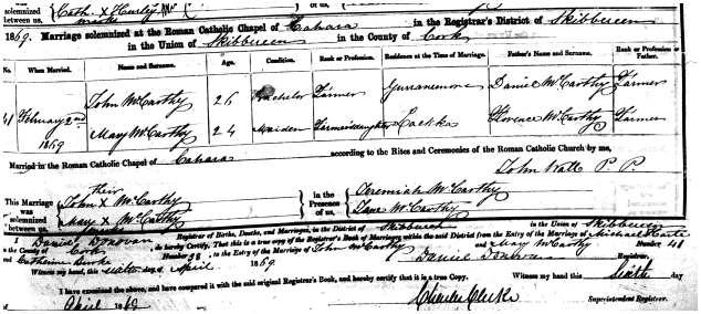 John surfaced when I started searching for Maguires in Caheragh in conjunction with Driscolls. He is known as Sean by his descendants. Marriage of John Driscoll and Mary McCarthy in Caheragh R.C. Parish.