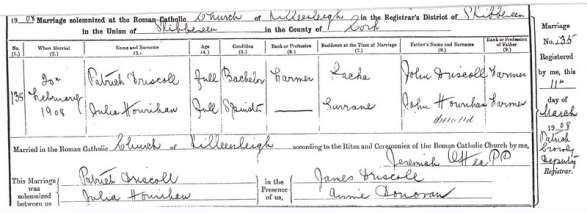 Figure 12f. Marriage of Patrick Driscoll to Julia Hourihan of Gurrane. Son Patrick, or Patsy Sean as he is known in Ireland, married Julia Hourihan in 1908.