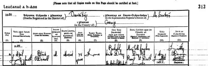 Son James (1885) went to America, and apparently did not marry. Daughter Julia (1886) married Denis Cronin of Bantry on August 10, 1922. They had daughters Kitty, Sheila, and Nonie.