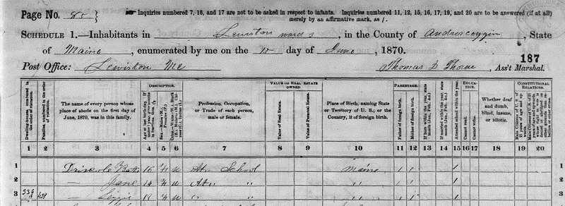The 1870 census lists the family in Androscoggin Ward 3. Patrick is 50, making his birth year about 1820. Catherine is also 50.