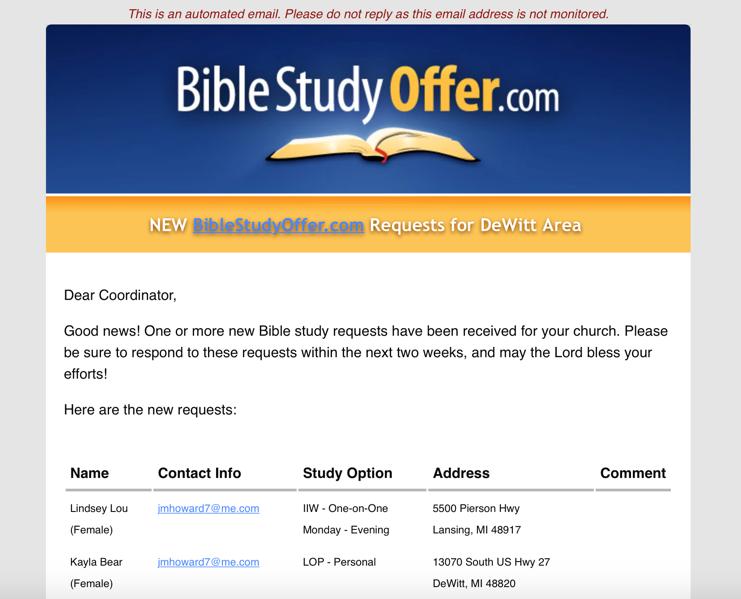 When a request for free Bible studies is made online, the automated