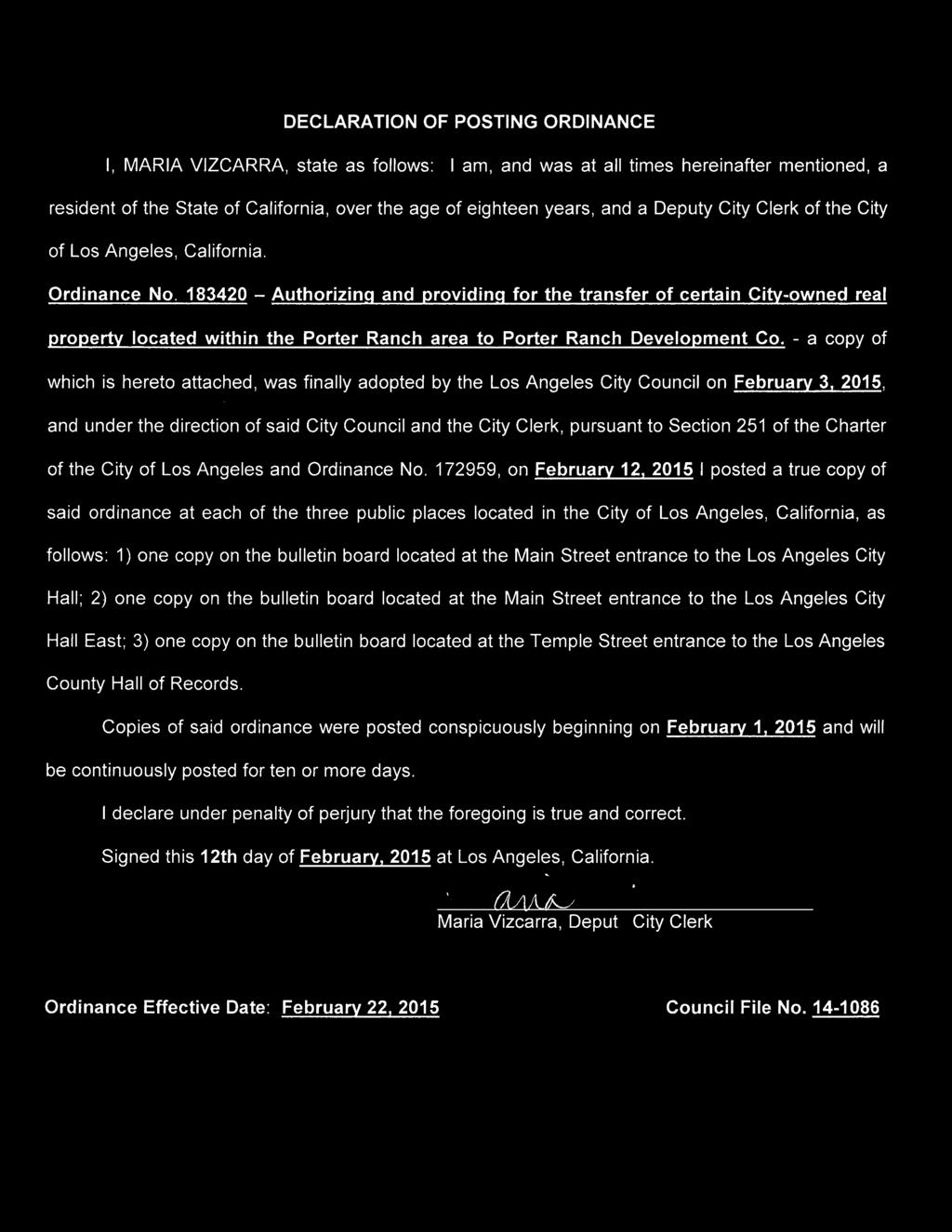183420 Authorizing and providing for the transfer of certain City-owned real property located within the Porter Ranch area to Porter Ranch Development Co.