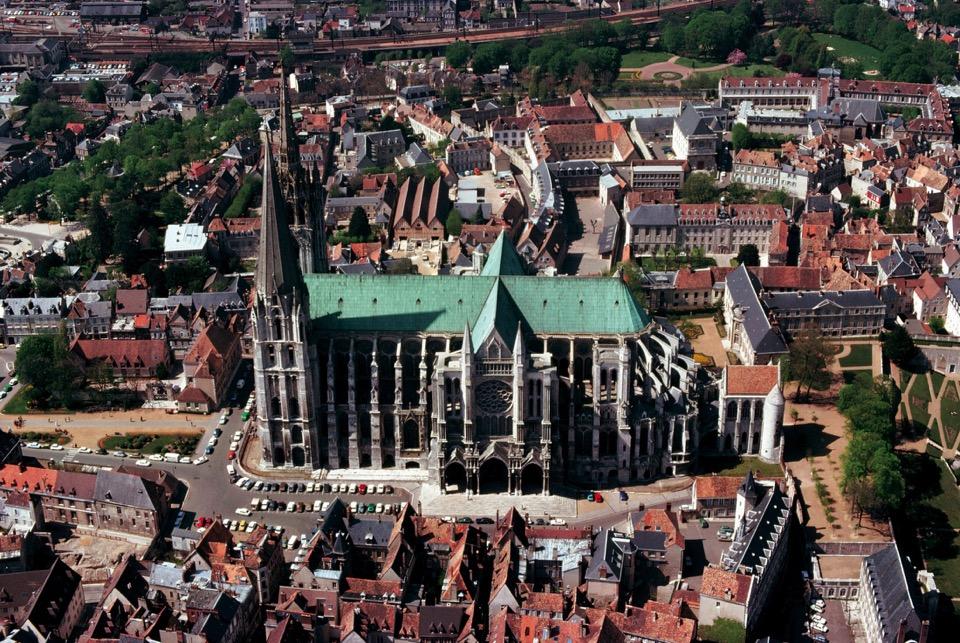 Aerial view of Chartres Cathedral (looking