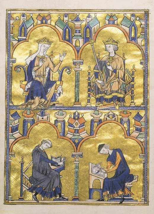 Blanche of Castile, Louis IX, and two monks, dedication page
